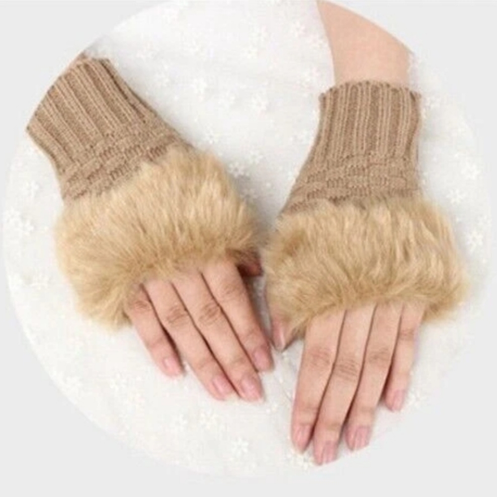 Beige Faux Fur Fingerless Magic Stretchy Cropped Warm Winter Sweater Knit Gloves
